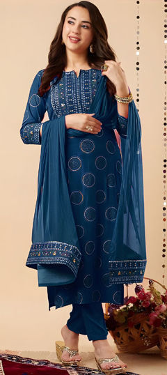 Blue color Salwar Kameez in Rayon fabric with Foil Print work