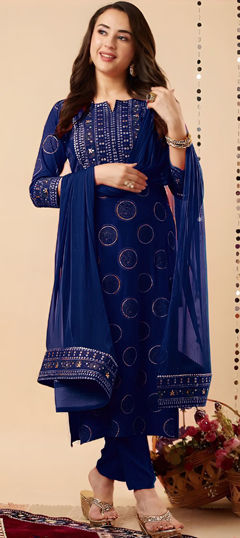 Blue color Salwar Kameez in Rayon fabric with Foil Print work