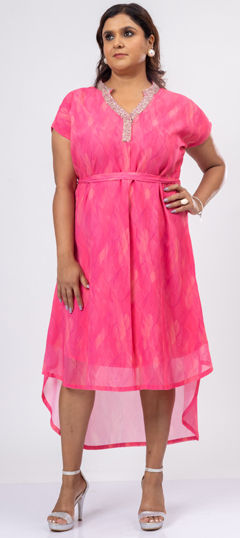 Pink and Majenta color Dress in Crepe Silk fabric with Printed, Sequence work