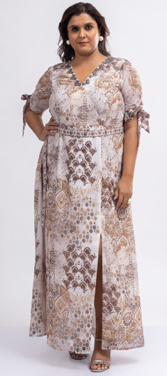 Beige and Brown color Dress in Georgette fabric with Printed work