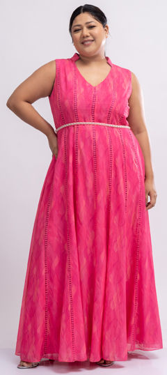 Pink and Majenta color Dress in Georgette fabric with Bugle Beads, Printed work