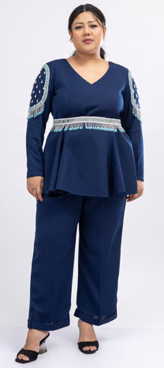 Blue color Co-ords Set in Crepe Silk fabric with Bugle Beads work