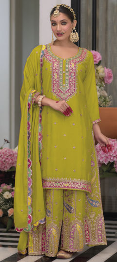 Green color Salwar Kameez in Silk fabric with Embroidered, Sequence, Thread, Zari work