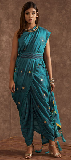 Blue color Salwar Kameez in Silk fabric with Printed work