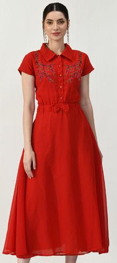 Red and Maroon color Dress in Georgette fabric with Embroidered, Thread work