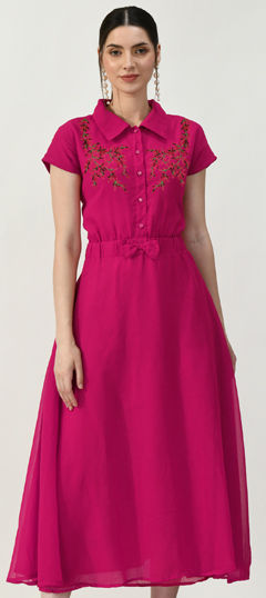 Pink and Majenta color Dress in Georgette fabric with Embroidered, Thread work