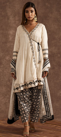 White and Off White color Salwar Kameez in Silk fabric with Printed, Sequence work