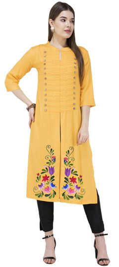 Yellow color Salwar Kameez in Blended Cotton fabric with Embroidered, Thread work