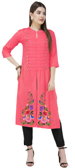 Pink and Majenta color Salwar Kameez in Blended Cotton fabric with Embroidered, Thread work