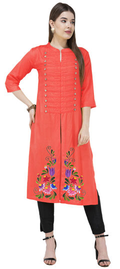 Red and Maroon color Salwar Kameez in Blended Cotton fabric with Embroidered, Thread work