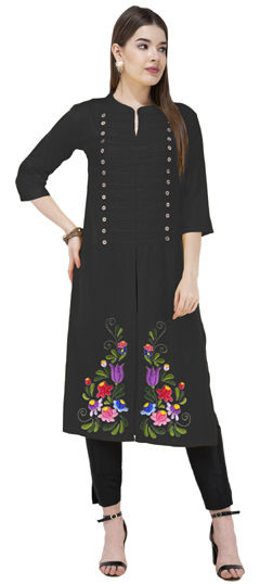 Black and Grey color Salwar Kameez in Blended Cotton fabric with Embroidered, Thread work