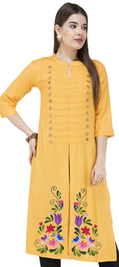 Yellow color Kurti in Blended Cotton fabric with Embroidered, Thread work