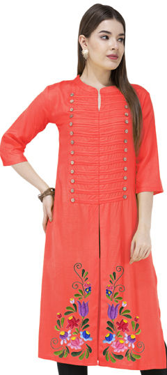 Red and Maroon color Kurti in Blended Cotton fabric with Embroidered, Thread work