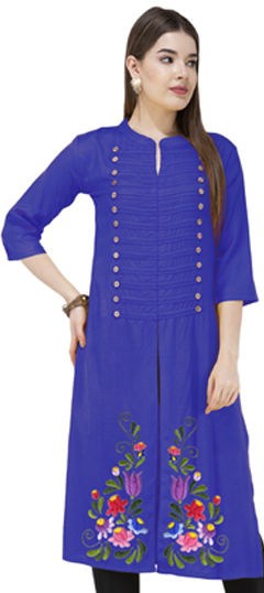 Blue color Kurti in Blended Cotton fabric with Embroidered, Thread work