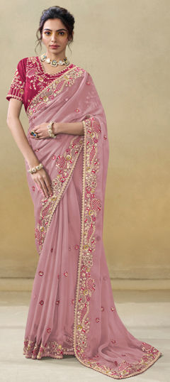 Pink and Majenta color Saree in Chiffon fabric with Embroidered, Resham, Sequence, Thread, Zari work
