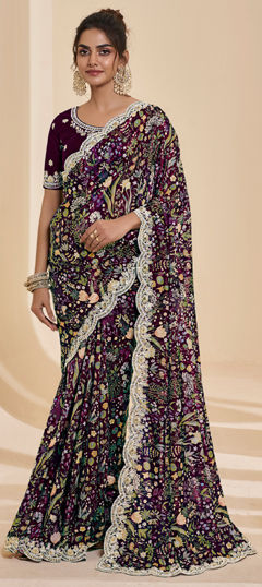 Purple and Violet color Saree in Crepe Silk fabric with Floral, Lace, Printed, Sequence work