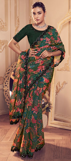 Green color Saree in Silk fabric with Floral, Printed, Sequence work