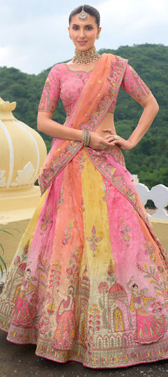 Pink and Majenta, Yellow color Lehenga in Silk fabric with Border, Embroidered, Resham, Stone, Zari work