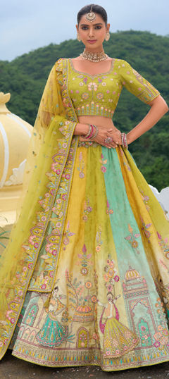 Green, Yellow color Lehenga in Silk fabric with Border, Embroidered, Resham, Stone, Zari work