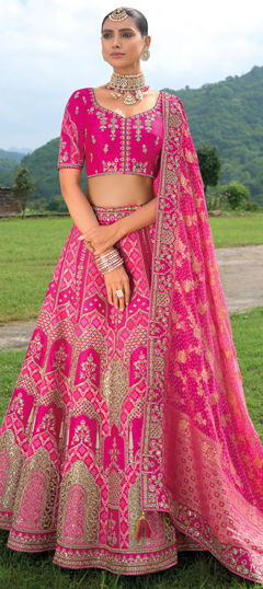 Pink and Majenta color Lehenga in Silk fabric with Border, Embroidered, Resham, Stone, Zari work