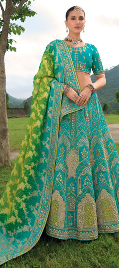 Blue color Lehenga in Silk fabric with Border, Embroidered, Resham, Stone, Zari work