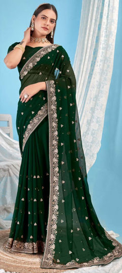 Green color Saree in Georgette fabric with Embroidered, Stone, Thread, Zari work