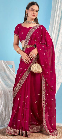 Pink and Majenta color Saree in Georgette fabric with Embroidered, Stone, Thread, Zari work