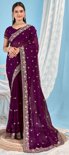 Purple and Violet color Saree in Georgette fabric with Embroidered, Stone, Thread, Zari work