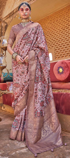 Pink and Majenta color Saree in Silk fabric with Floral, Printed, Weaving work