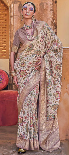 White and Off White color Saree in Silk fabric with Floral, Printed, Weaving work