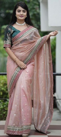 Pink and Majenta color Saree in Banarasi Silk fabric with Embroidered, Sequence, Thread work