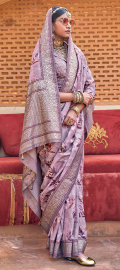 Purple and Violet color Saree in Silk fabric with Floral, Printed, Weaving work