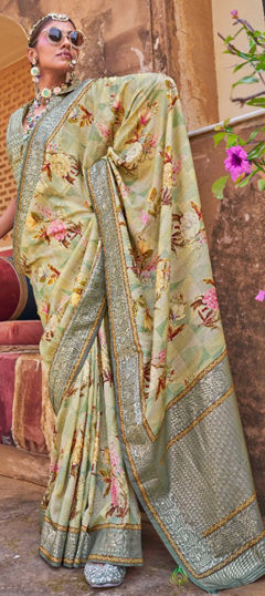 Green color Saree in Silk fabric with Floral, Printed, Weaving work