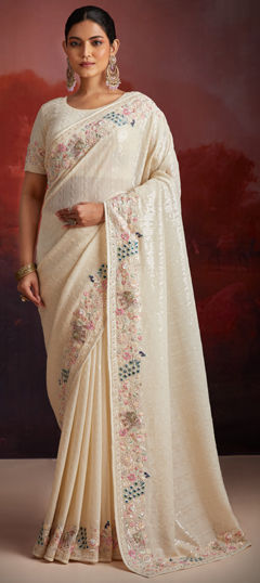 White and Off White color Saree in Georgette fabric with Sequence, Thread, Zircon work