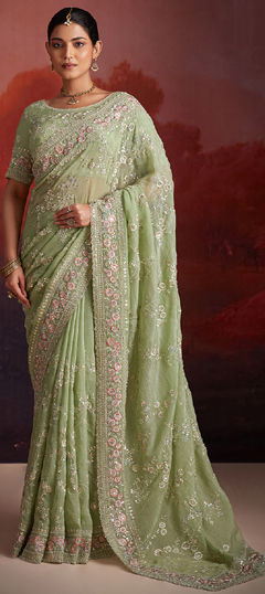 Green color Saree in Organza Silk fabric with Sequence, Thread, Zircon work