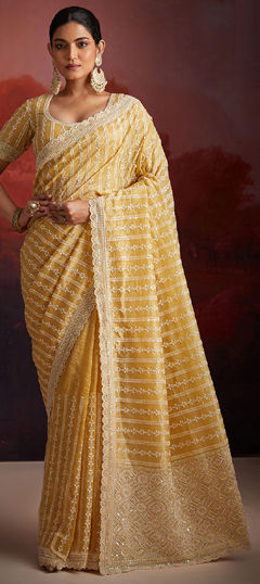 Yellow color Saree in Organza Silk fabric with Cut Dana, Sequence, Thread work