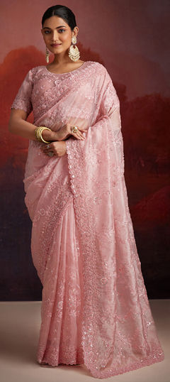 Pink and Majenta color Saree in Organza Silk fabric with Cut Dana, Sequence, Thread work