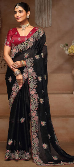 Black and Grey color Saree in Silk fabric with Embroidered, Resham, Sequence, Thread work