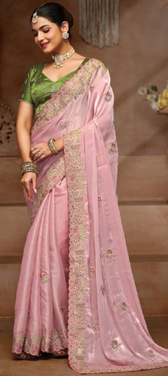 Pink and Majenta color Saree in Organza Silk fabric with Embroidered, Resham, Sequence, Thread work