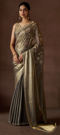 Black and Grey color Saree in Silk fabric with Zircon work