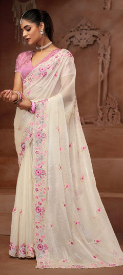 White and Off White color Saree in Silk fabric with Embroidered, Resham, Sequence, Thread work