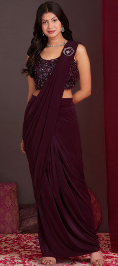 Purple and Violet color Readymade Saree in Silk fabric with Bugle Beads, Sequence work