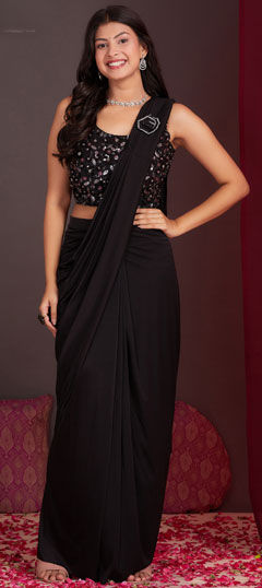 Black and Grey color Readymade Saree in Silk fabric with Bugle Beads, Sequence work