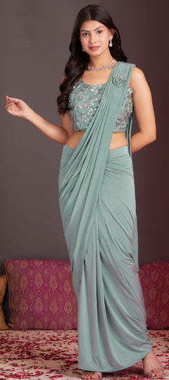 Green color Readymade Saree in Silk fabric with Bugle Beads, Sequence work