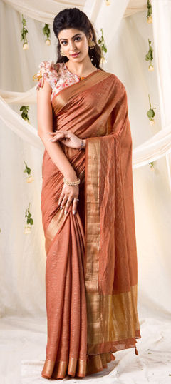 Beige and Brown color Saree in Chanderi Silk fabric with Weaving work