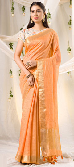 Orange color Saree in Chanderi Silk fabric with Weaving work