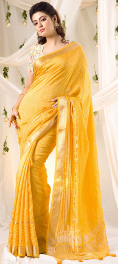 Yellow color Saree in Chanderi Silk fabric with Weaving work