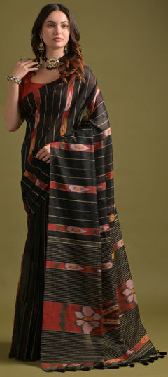 Black and Grey color Saree in Cotton fabric with Printed work