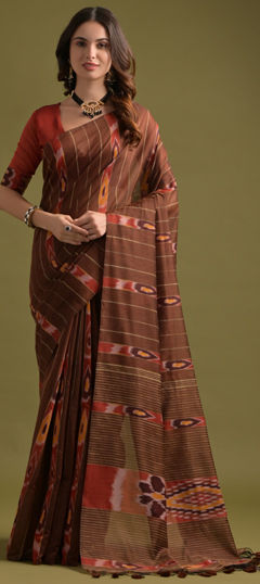 Beige and Brown color Saree in Cotton fabric with Printed work