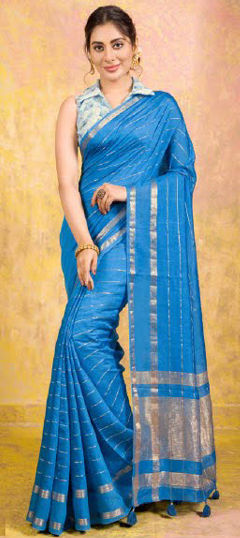 Blue color Saree in Chanderi Silk fabric with Weaving work